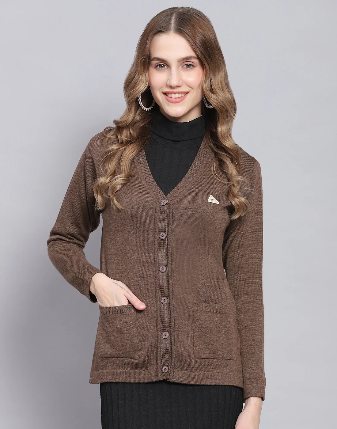 Women Brown Solid V Neck Full Sleeve Cardigan - Image 2