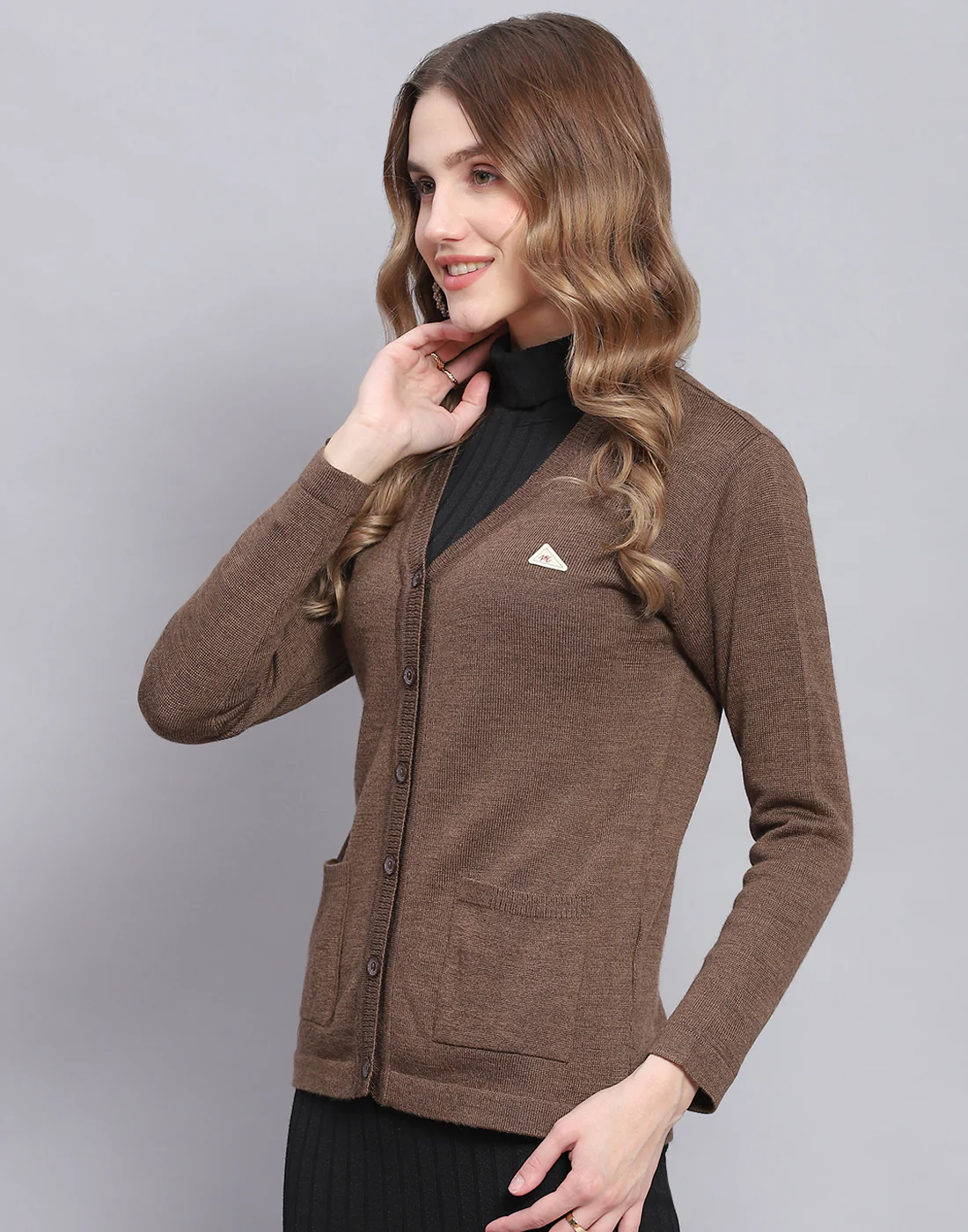 Women Brown Solid V Neck Full Sleeve Cardigan - Image 3