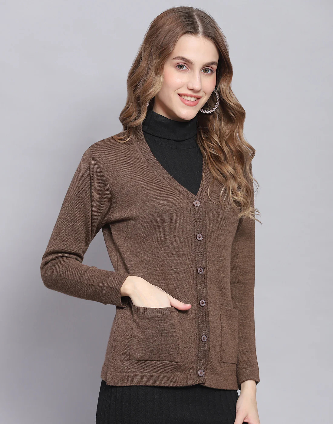 Women Brown Solid V Neck Full Sleeve Cardigan - Image 4