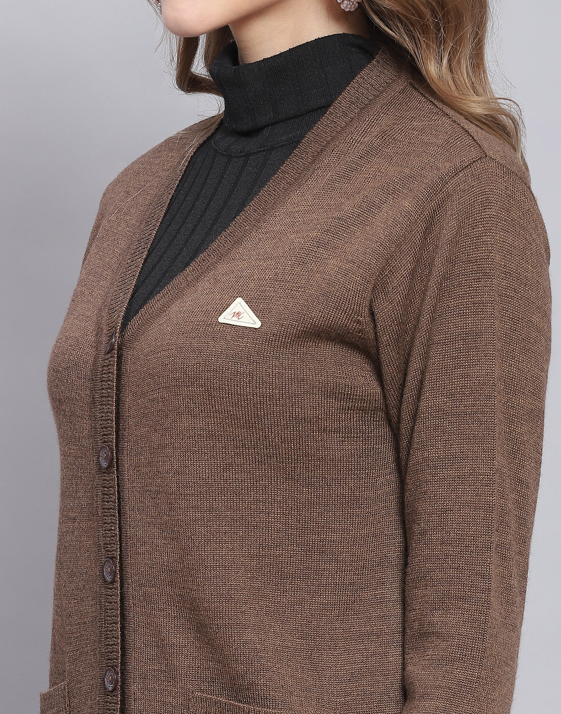 Women Brown Solid V Neck Full Sleeve Cardigan - Image 6