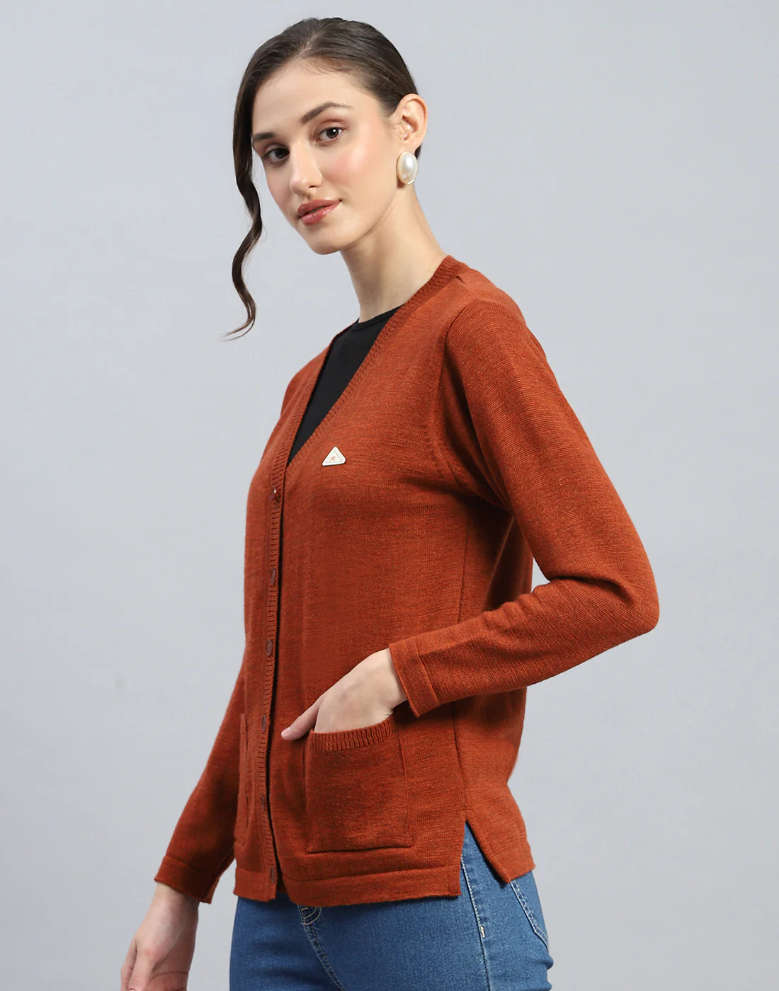 Women Brown Solid V Neck Full Sleeve Cardigan - Image 3
