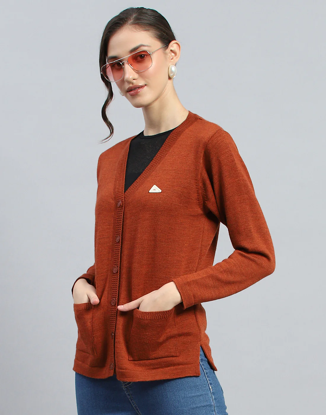 Women Brown Solid V Neck Full Sleeve Cardigan - Image 6