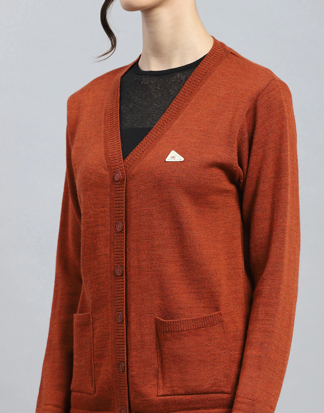 Women Brown Solid V Neck Full Sleeve Cardigan - Image 7