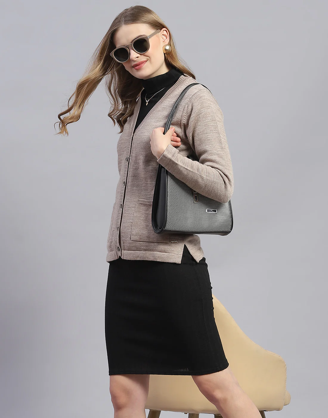 Women Brown Solid V Neck Full Sleeve Cardigan - Image 2