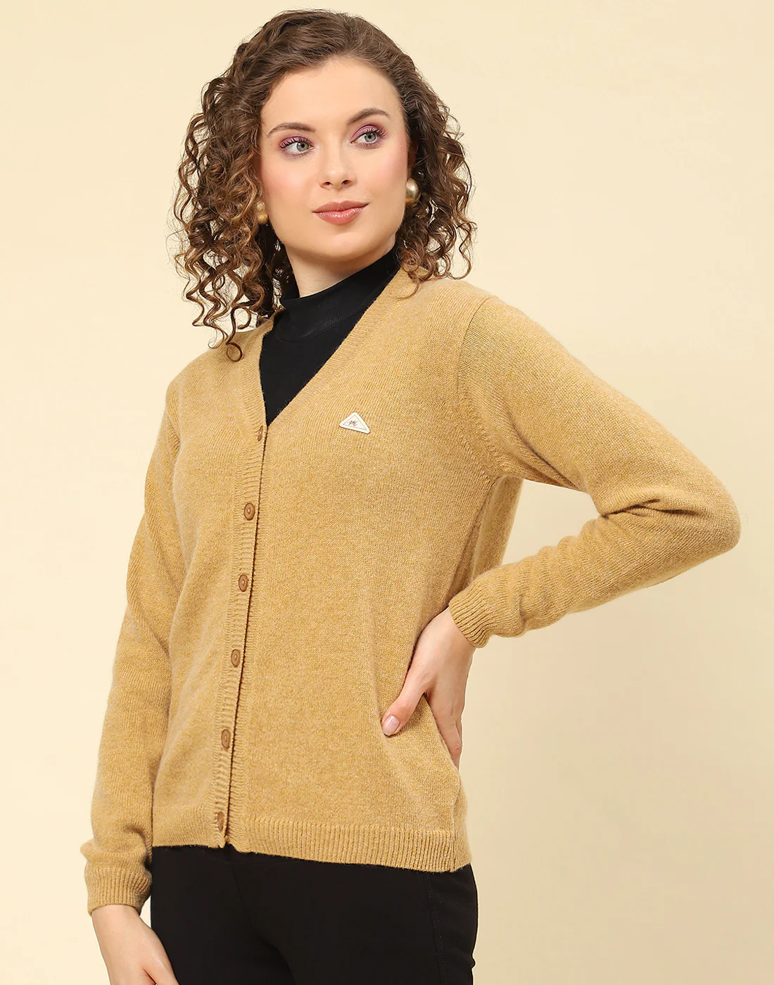 Women Brown Solid V Neck Full Sleeve Cardigan - Image 3