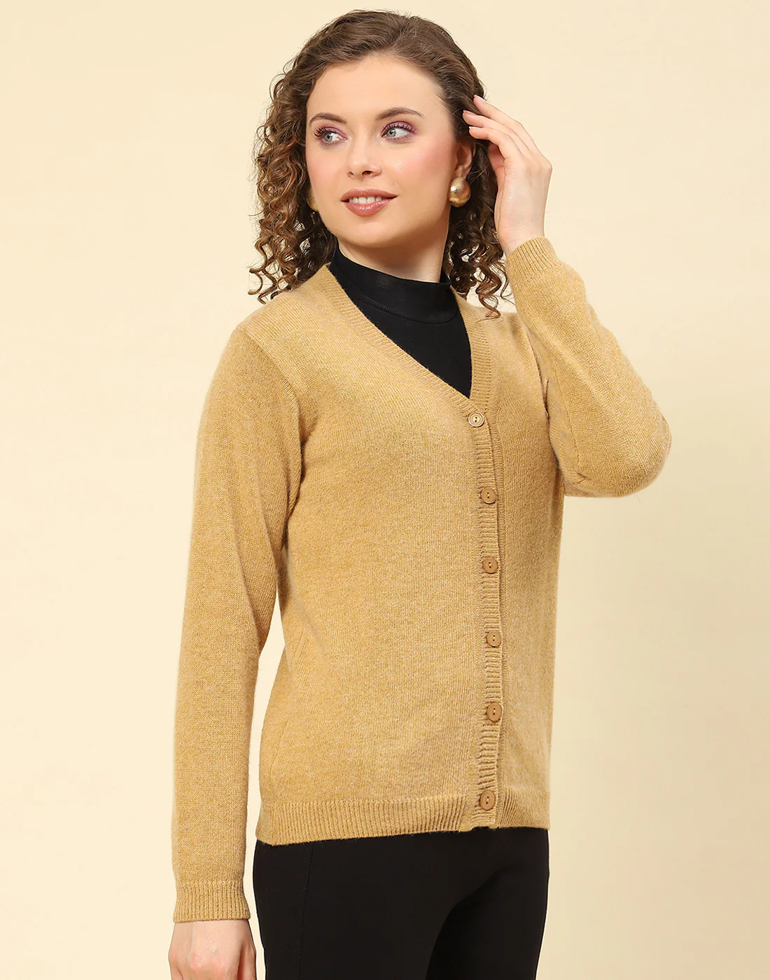 Women Brown Solid V Neck Full Sleeve Cardigan - Image 4