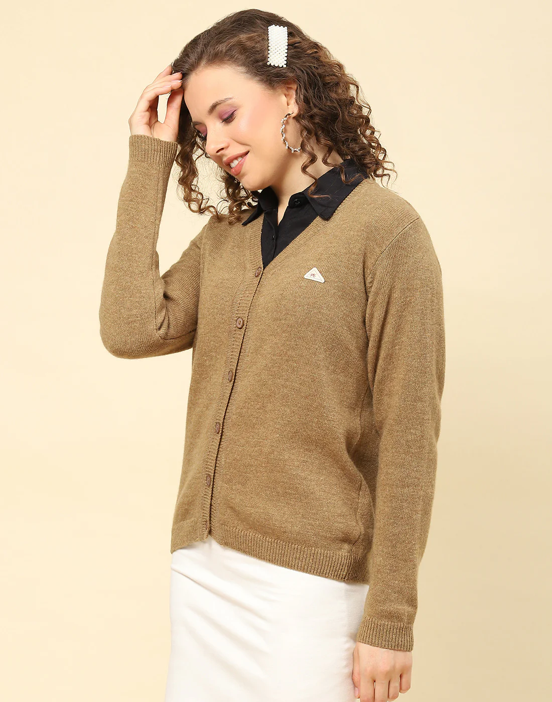 Women Brown Solid V Neck Full Sleeve Cardigan - Image 3