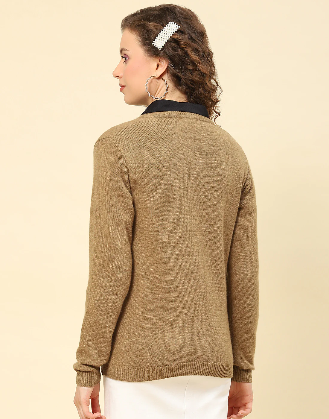 Women Brown Solid V Neck Full Sleeve Cardigan - Image 5