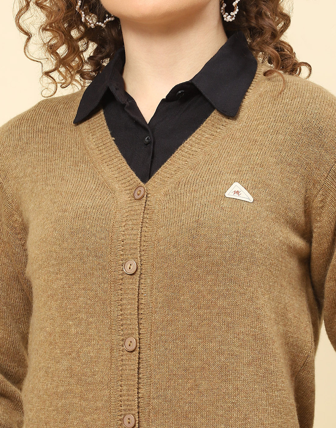 Women Brown Solid V Neck Full Sleeve Cardigan - Image 6