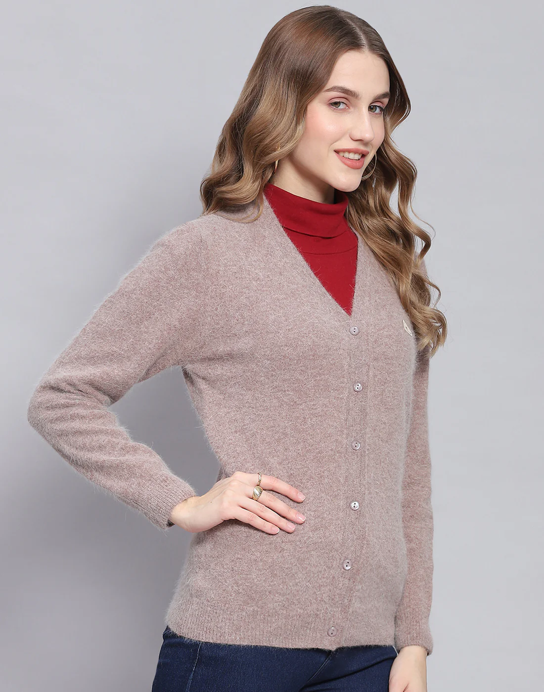 Women Brown Solid V Neck Full Sleeve Cardigan - Image 4