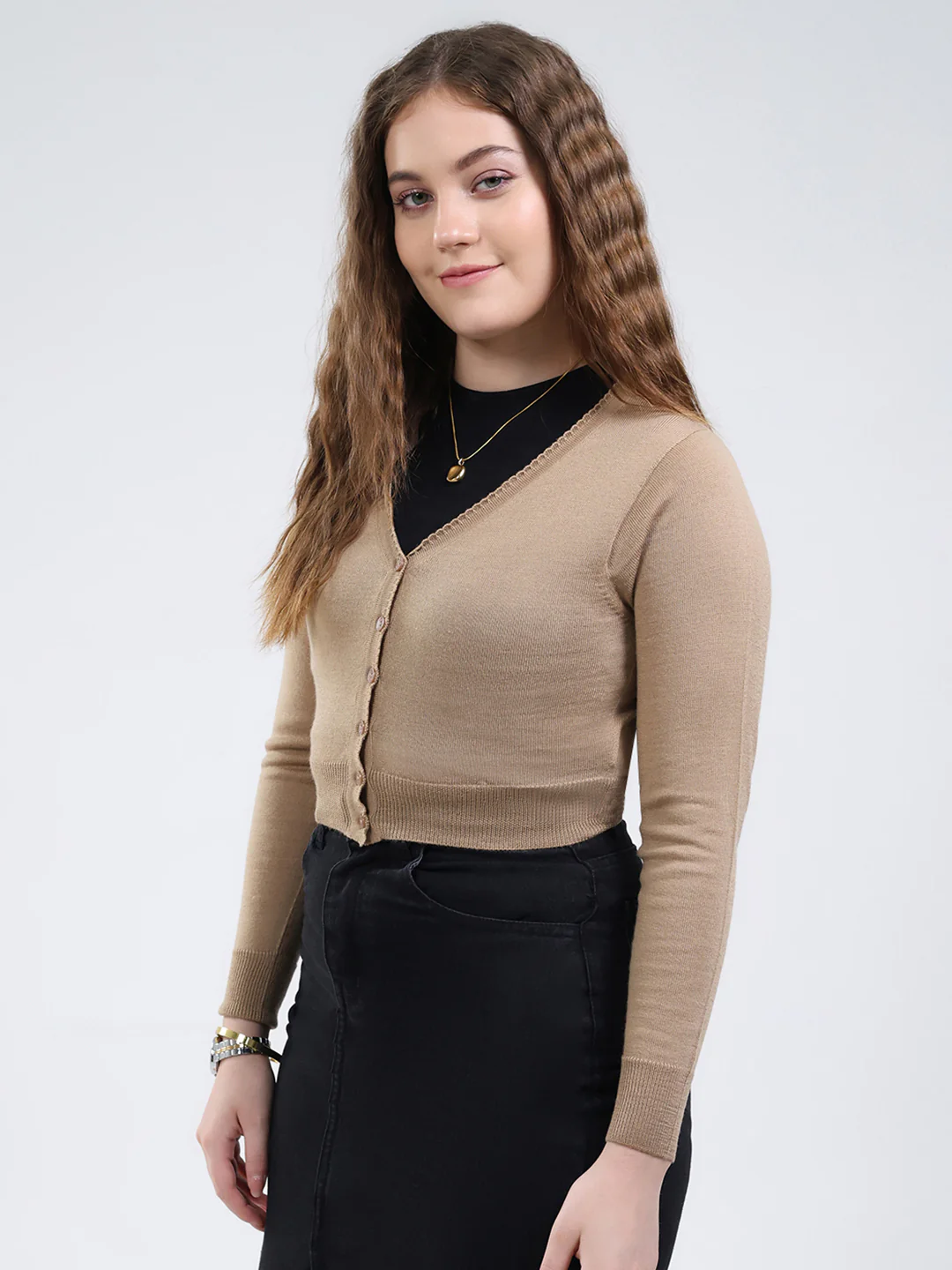 Women Brown Solid V Neck Full Sleeve Cardigan - Image 3