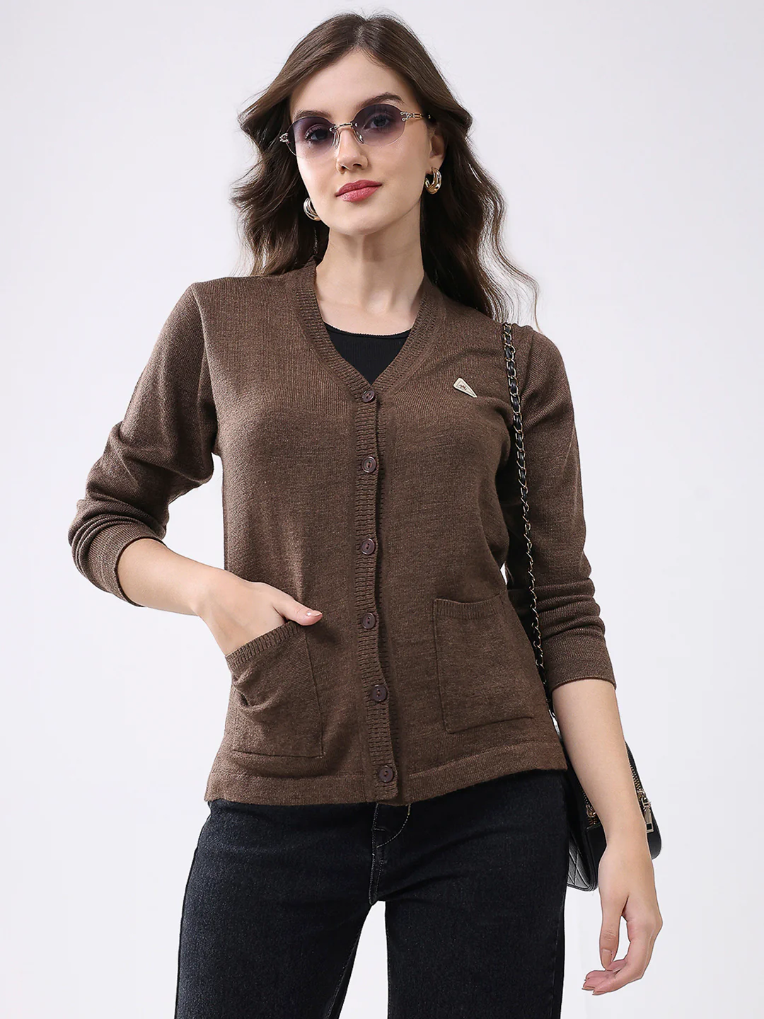Women Brown Solid V Neck Full Sleeve Cardigan - Image 6