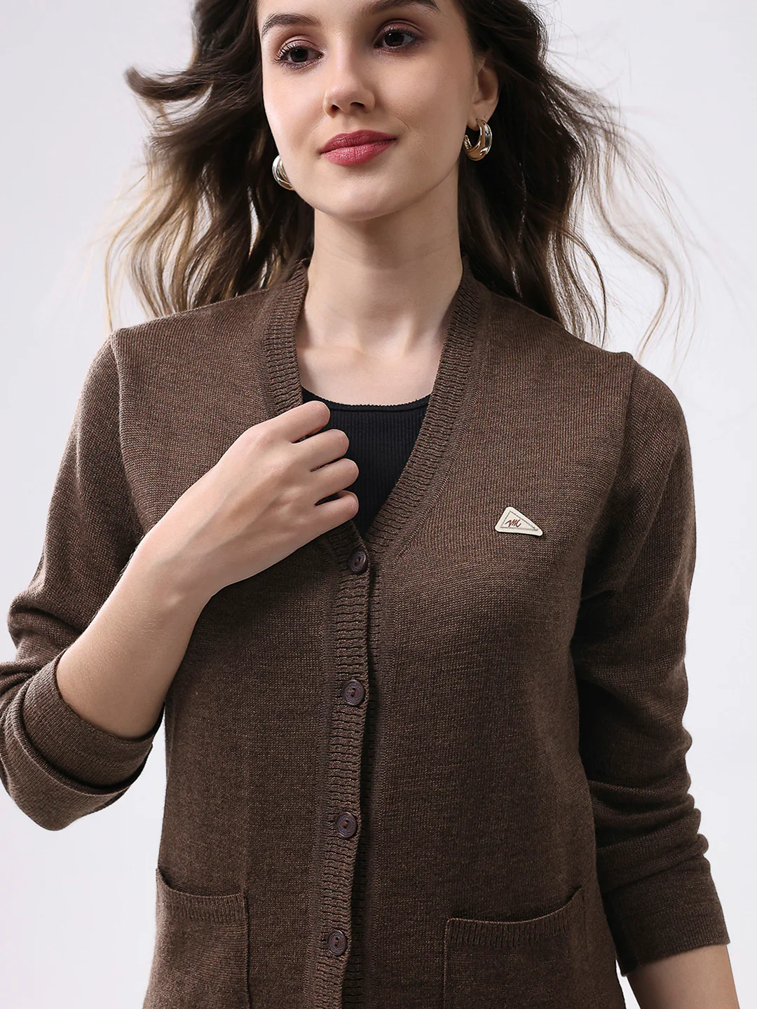 Women Brown Solid V Neck Full Sleeve Cardigan - Image 7