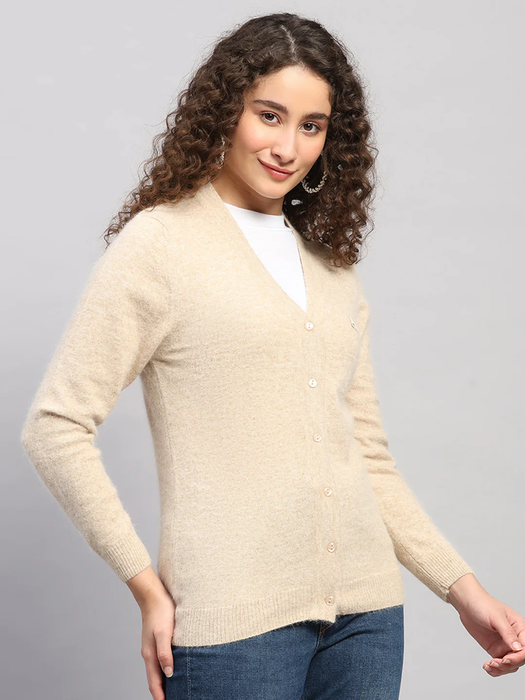 Women Brown Solid V Neck Full Sleeve Cardigan - Image 4