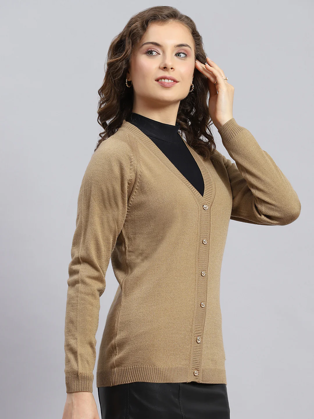 Women Brown Solid V Neck Full Sleeve Cardigans - Image 4