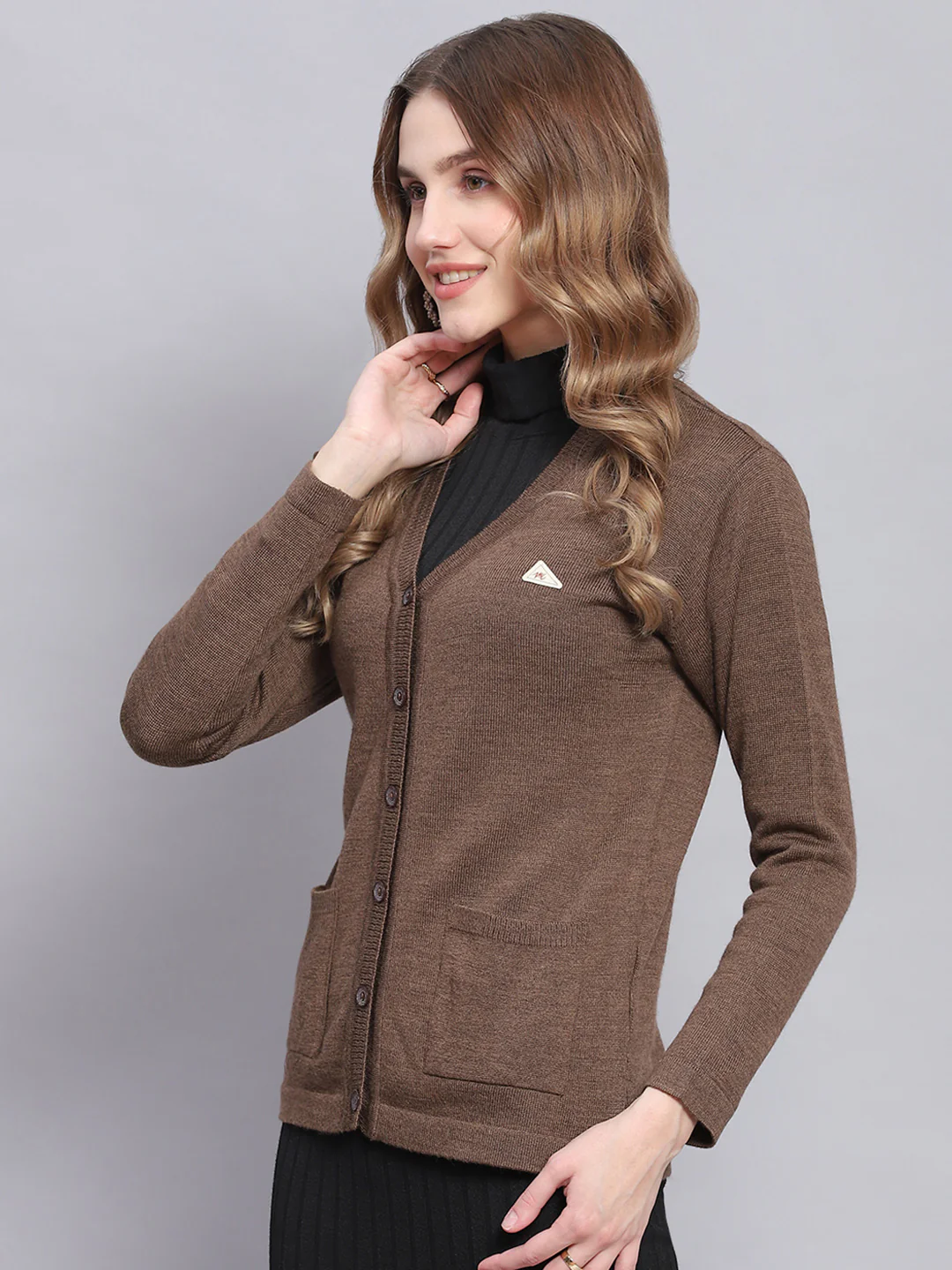 Women Brown Solid V Neck Full Sleeve Cardigans - Image 3