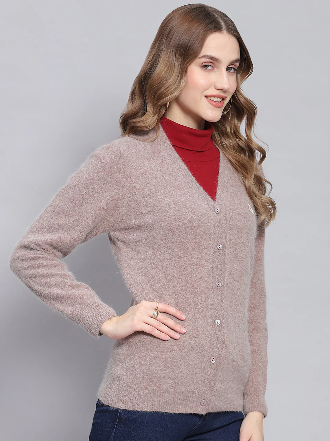 Women Brown Solid V Neck Full Sleeve Cardigans - Image 4