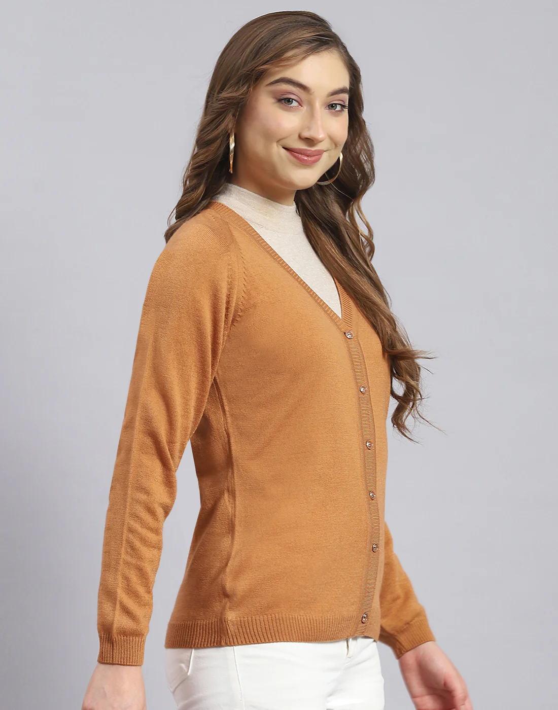 Women Brown Solid V Neck Full Sleeve Sweater - Image 4