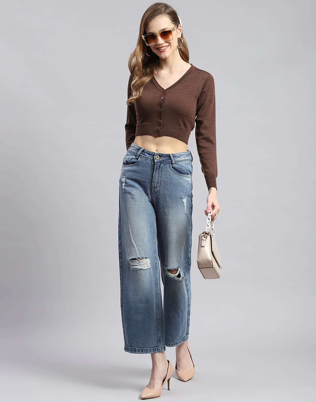 Women Brown Solid V Neck Full Sleeve Sweater - Image 2