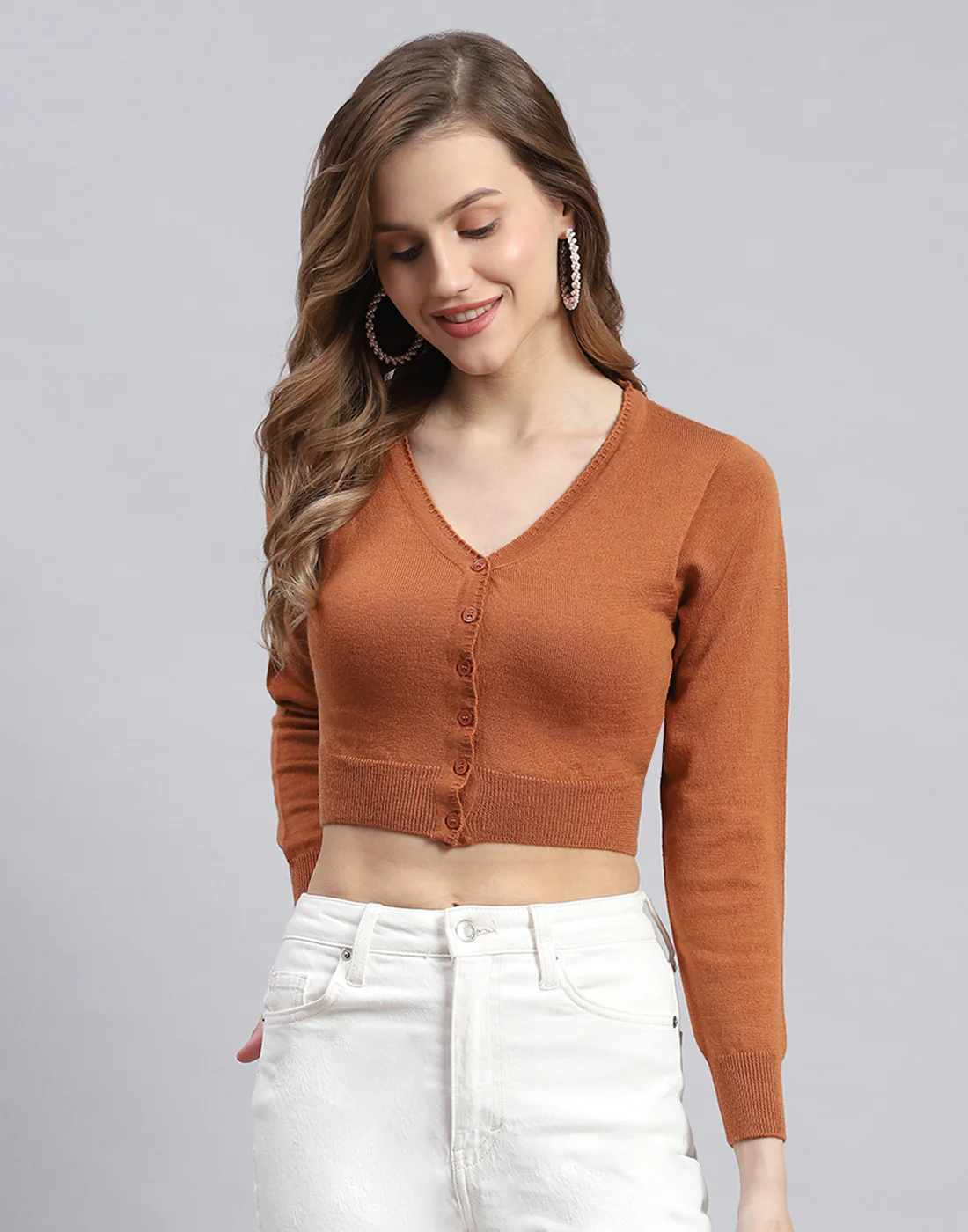 Women Brown Solid V Neck Full Sleeve Sweater - Image 3