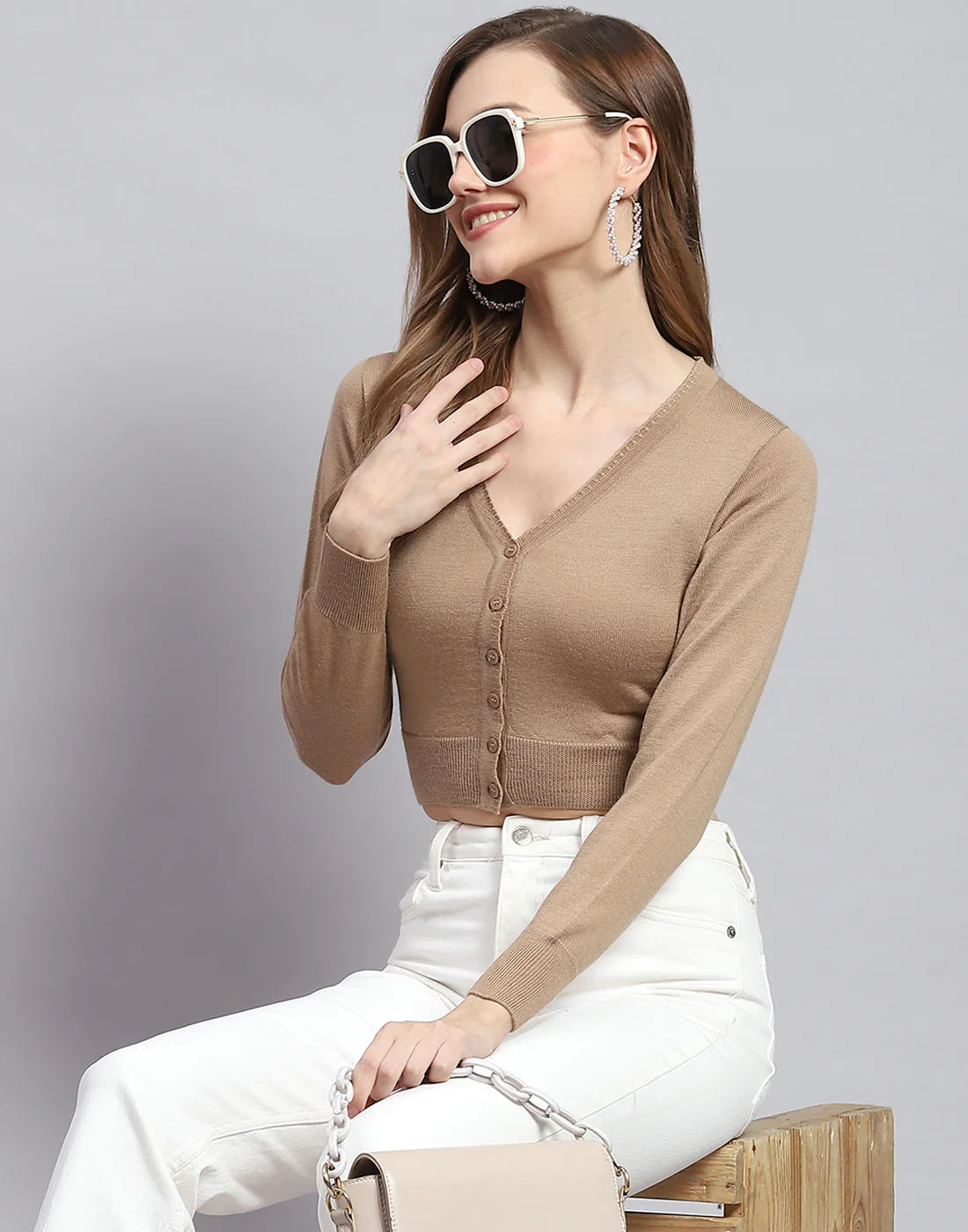 Women Brown Solid V Neck Full Sleeve Sweater - Image 3