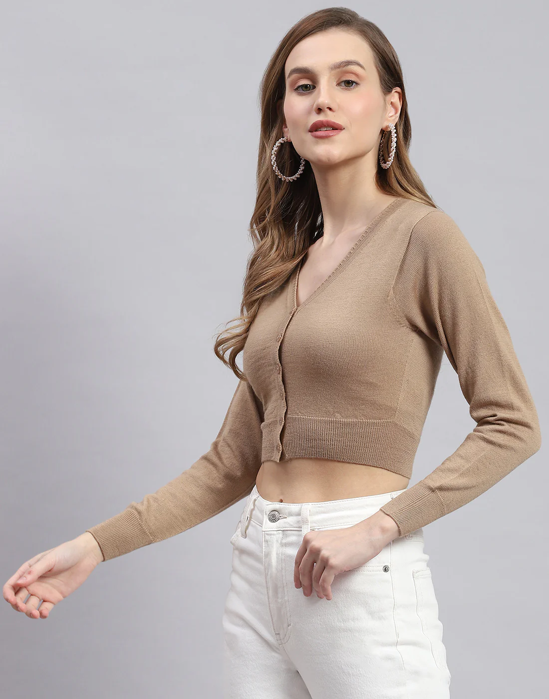 Women Brown Solid V Neck Full Sleeve Sweater - Image 4
