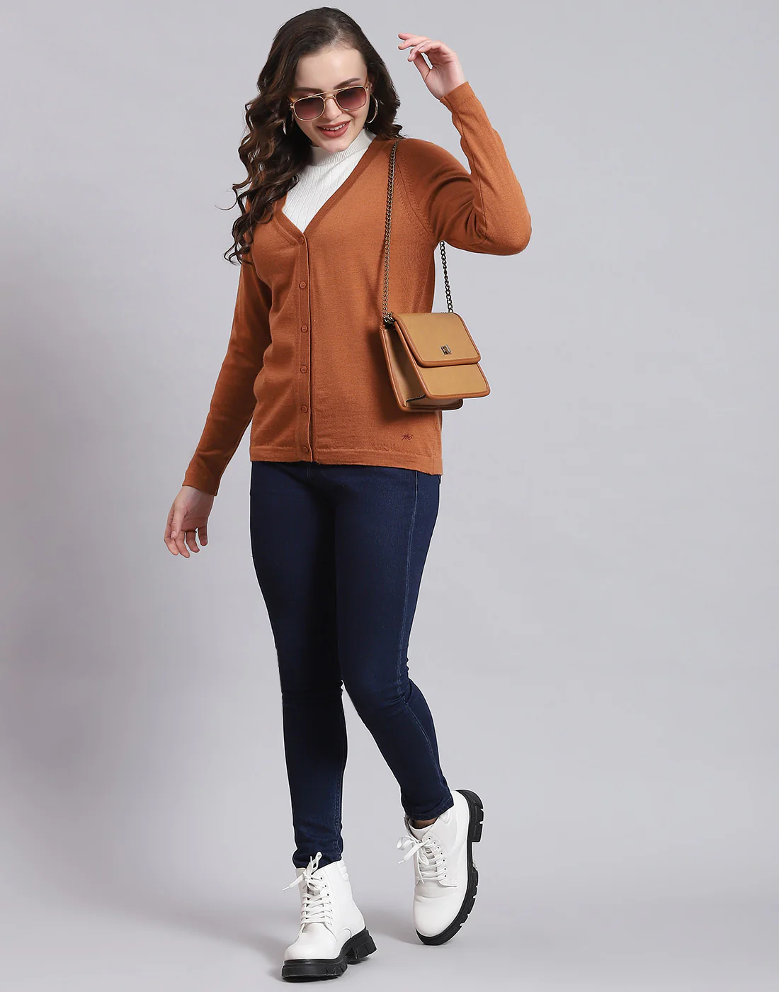 Women Brown Solid V Neck Full Sleeve Sweater - Image 2