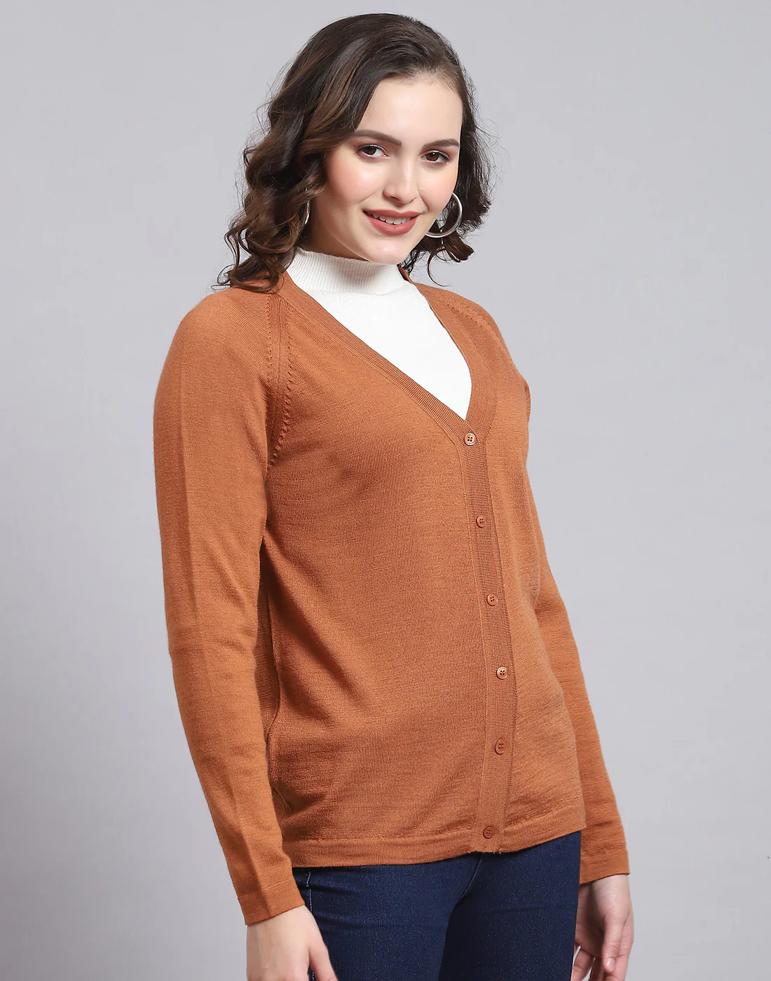 Women Brown Solid V Neck Full Sleeve Sweater - Image 4