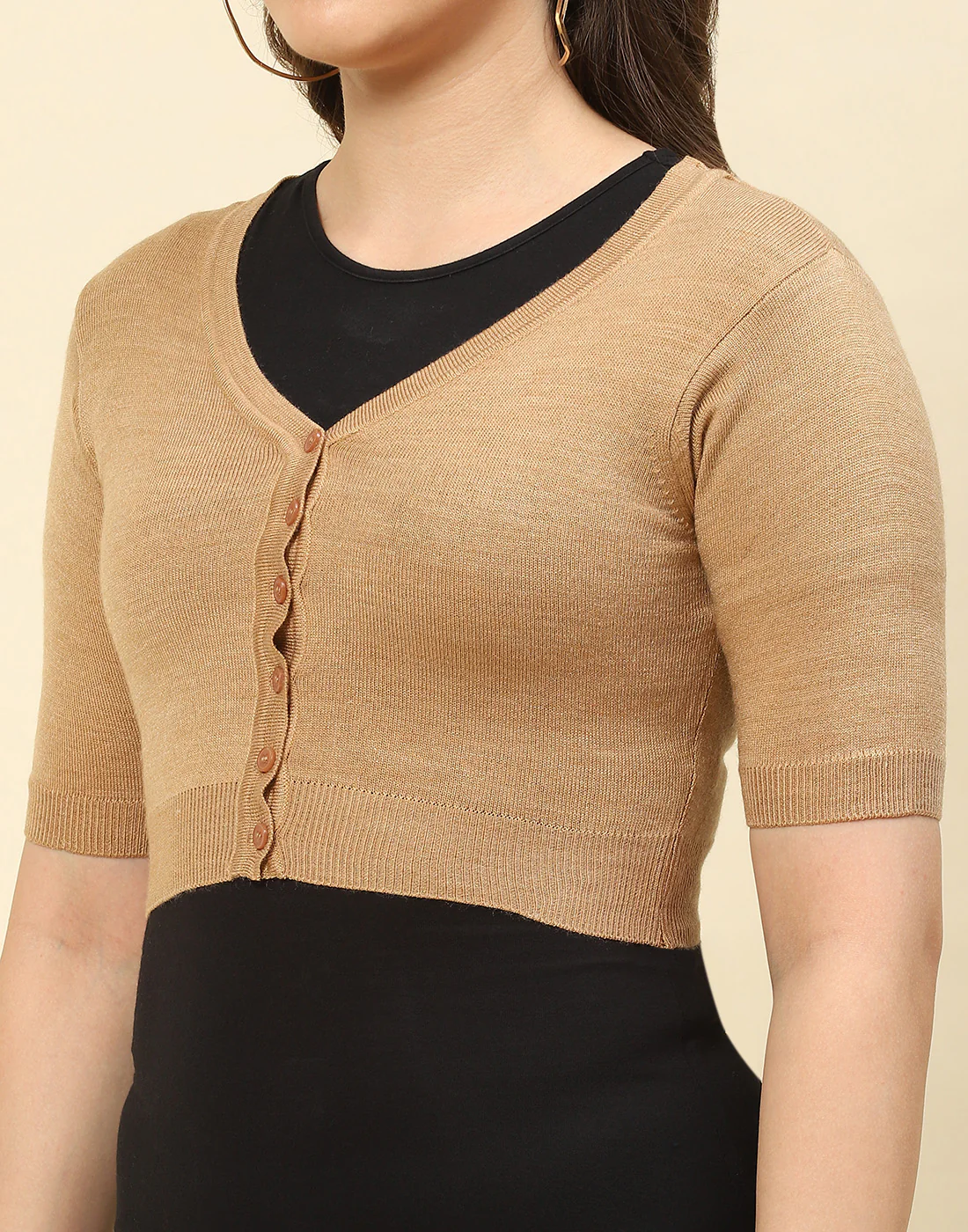 Women Brown Solid V Neck Half Sleeve Blouse - Image 6