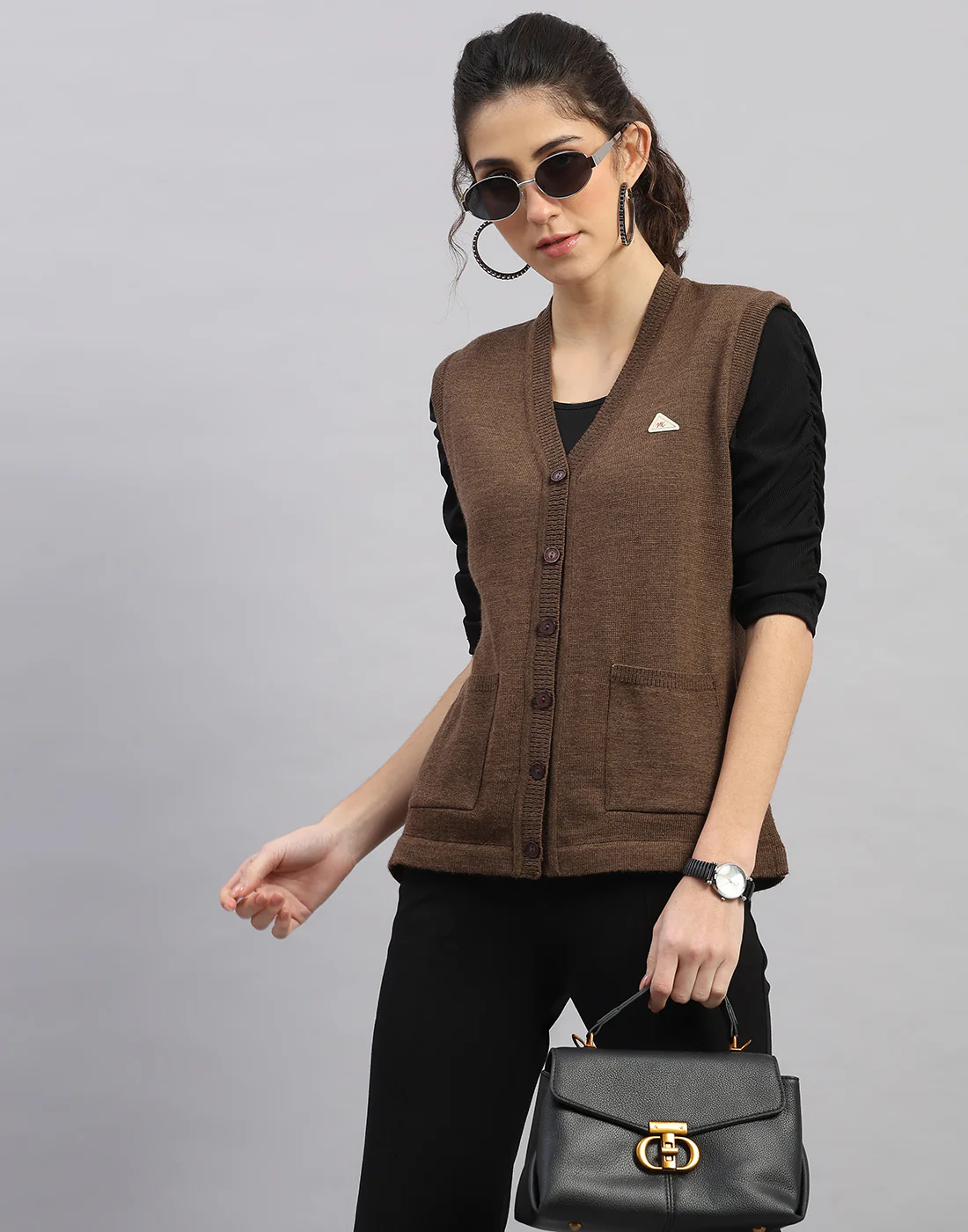 Women Brown Solid V Neck Sleeveless Cardigan - Image 6