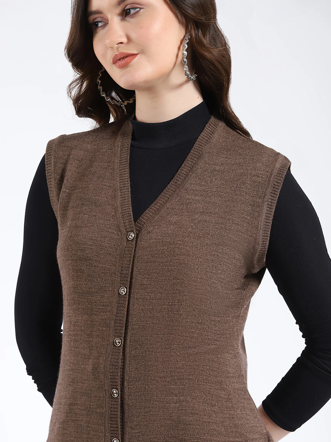 Women Brown Solid V Neck Sleeveless Cardigan - Image 6