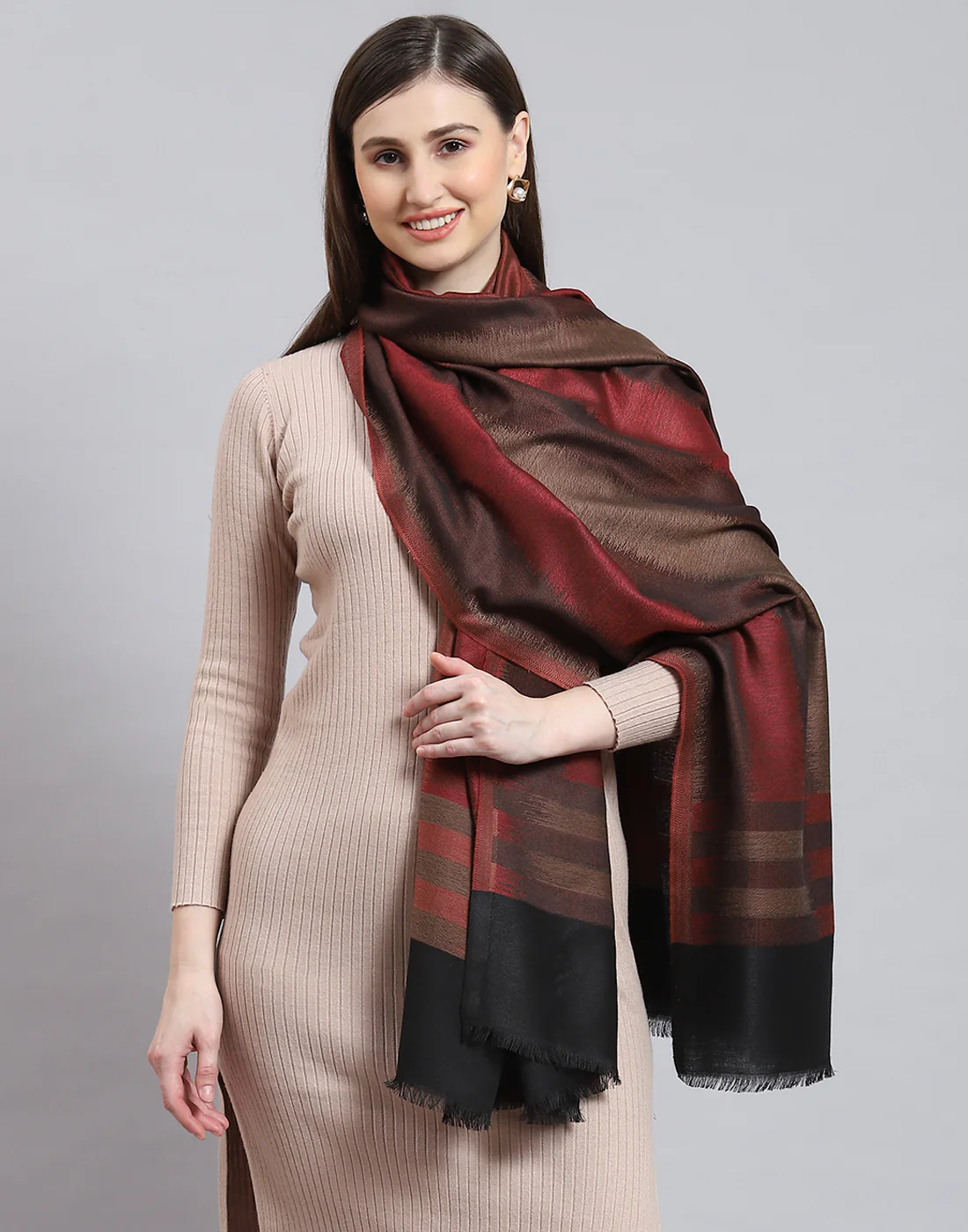 Women Brown Stripe Shawl - Image 2