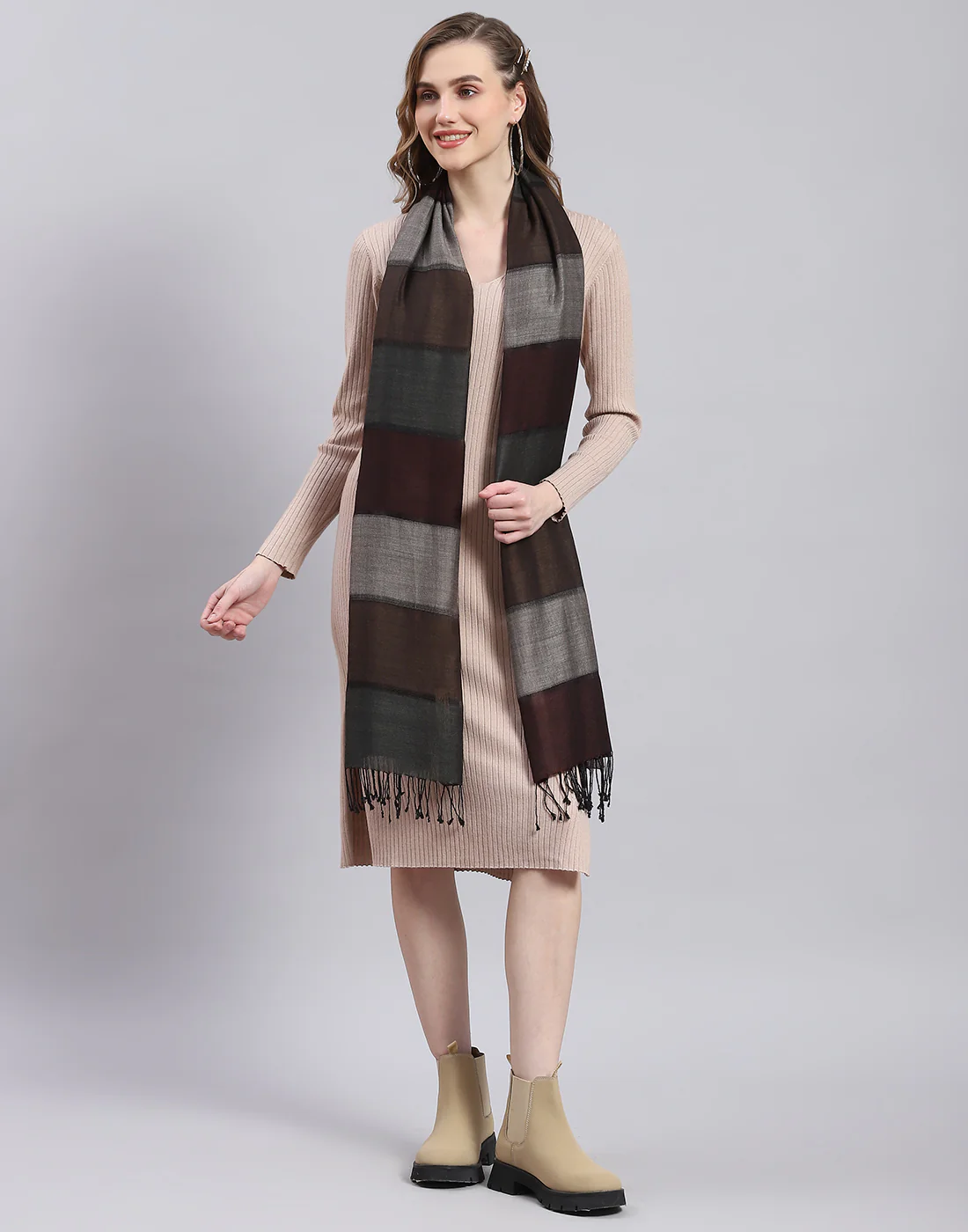 Women Brown Stripe Stole - Image 2