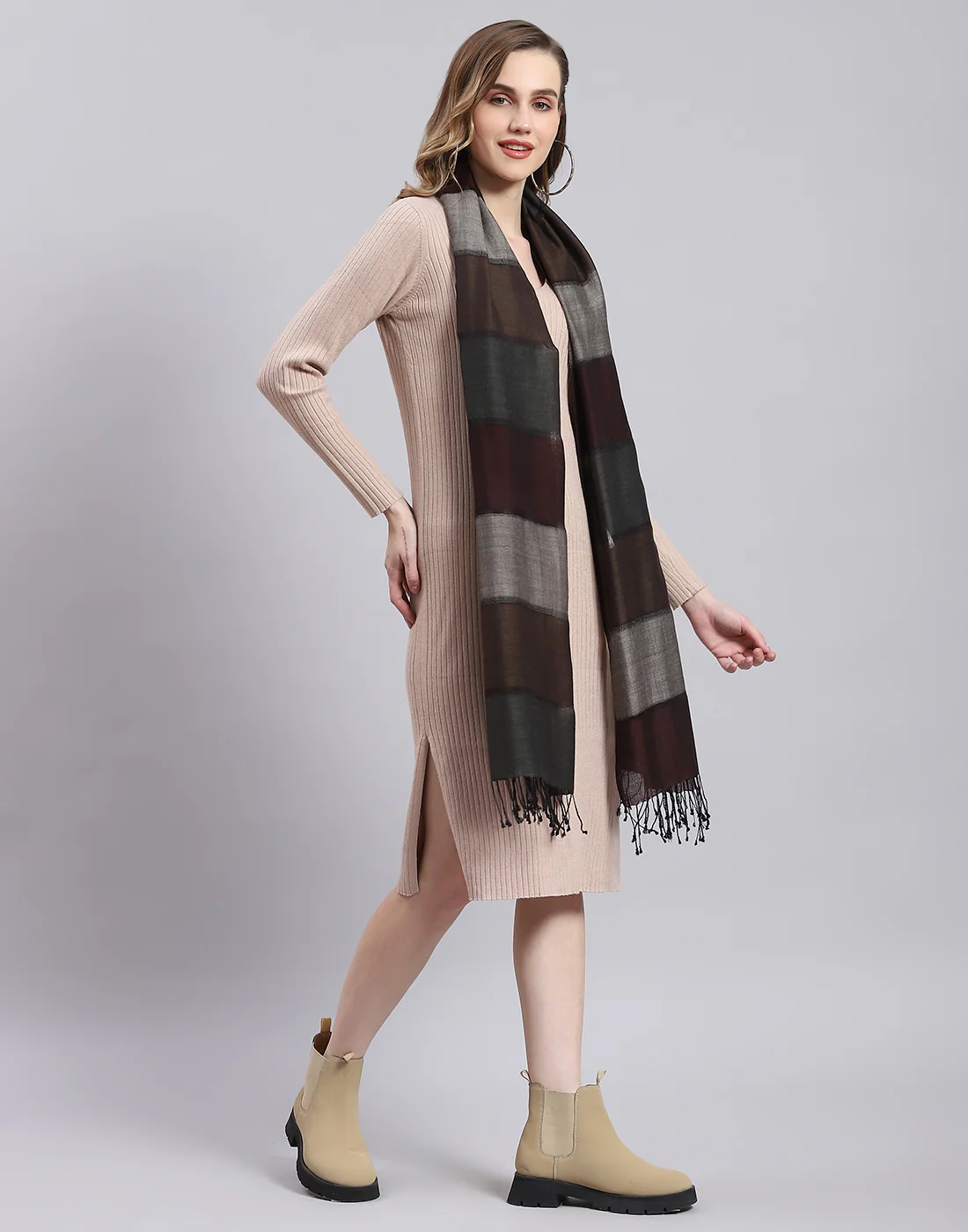 Women Brown Stripe Stole - Image 4