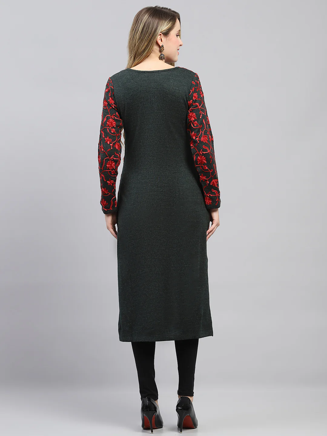 Women Red & Dark Olive Woven Design Round Neck Full Sleeve Winter Kurti - Image 5