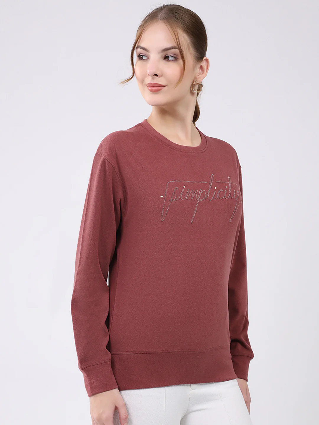 Women Burgundy Embroidered Round Neck Full Sleeve Winter Top - Image 4