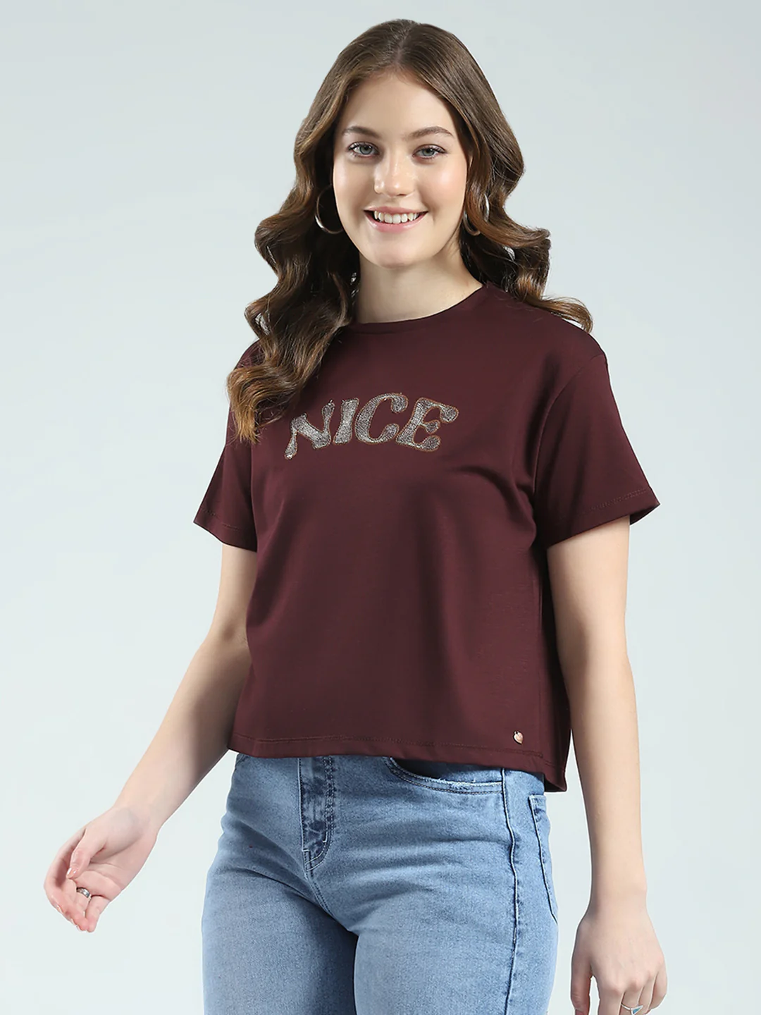 Women Burgundy Embroidered Round Neck Half Sleeve Top - Image 3