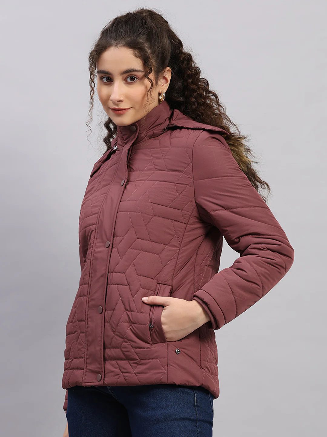 Women Burgundy Printed Hooded Full Sleeve Jacket - Image 3