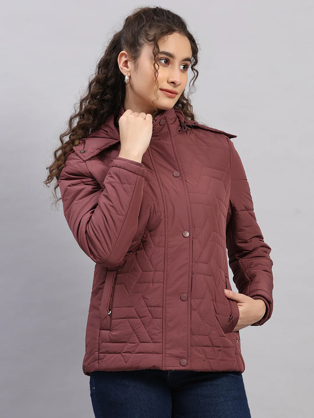 Women Burgundy Printed Hooded Full Sleeve Jacket - Image 4