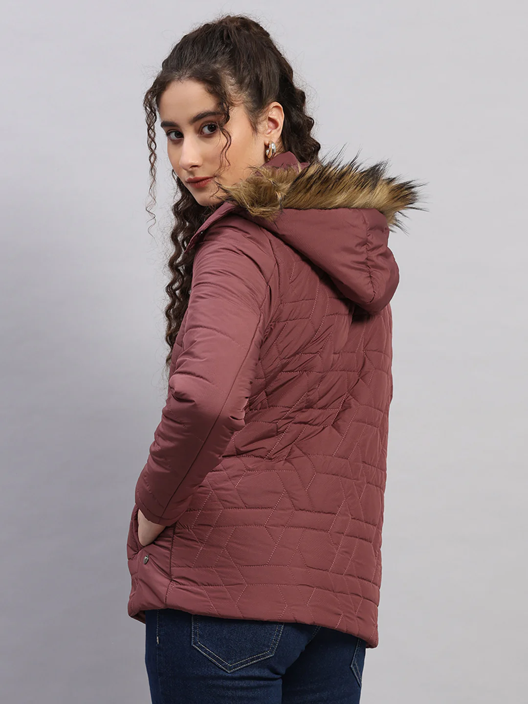 Women Burgundy Printed Hooded Full Sleeve Jacket - Image 5