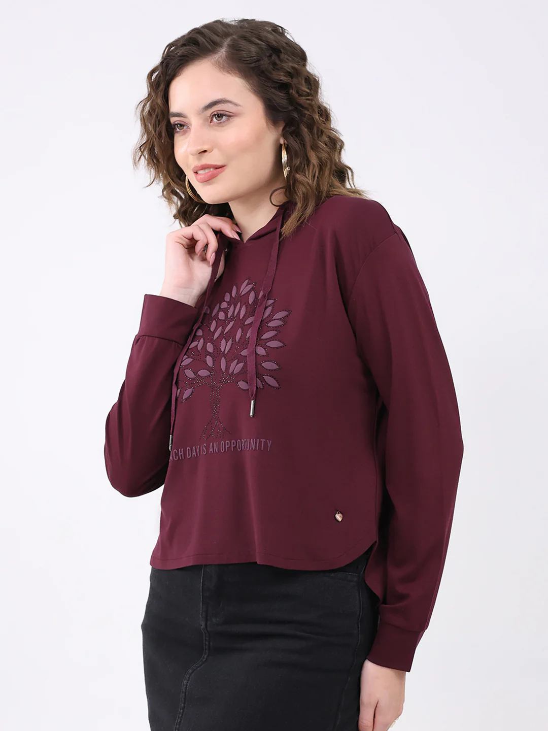 Women Burgundy Printed Hooded Full Sleeve Winter Top - Image 3