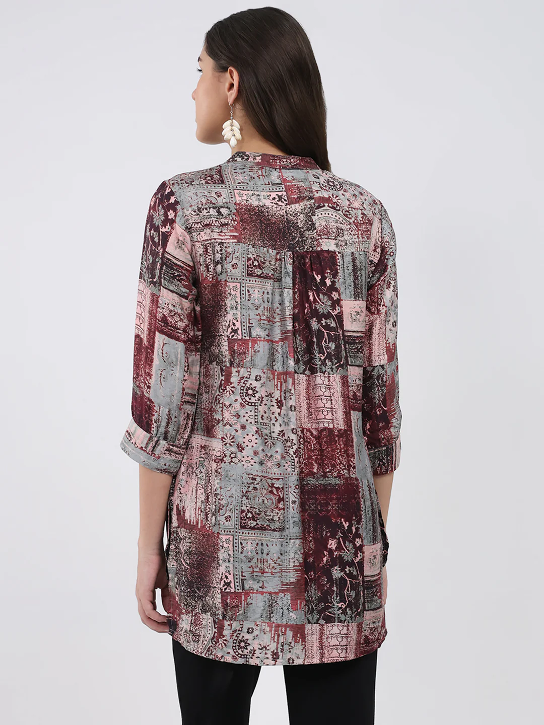 Women Burgundy Printed Round Neck 3/4th Sleeve Winter Kurti - Image 5