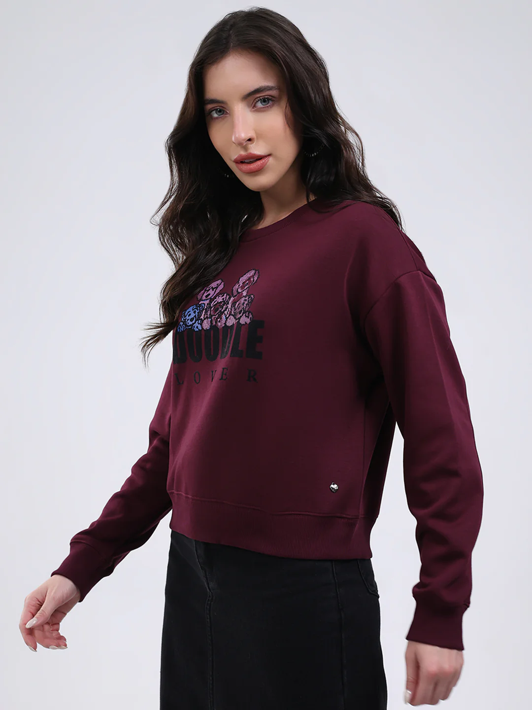 Women Burgundy Printed Round Neck Full Sleeve Sweatshirt - Image 3