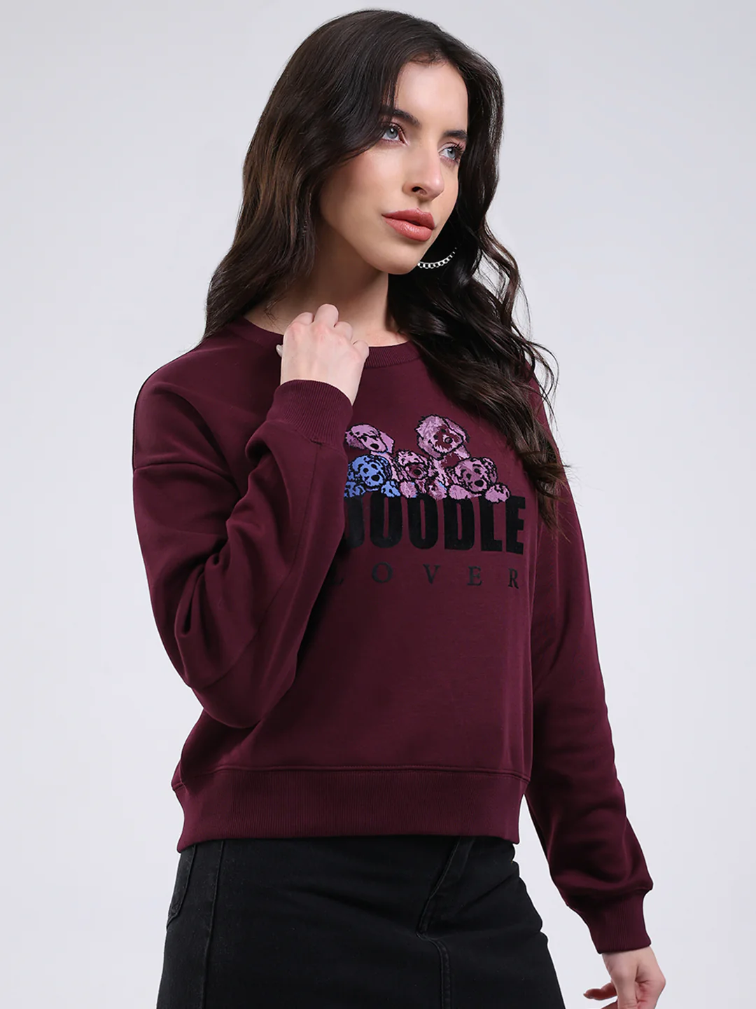 Women Burgundy Printed Round Neck Full Sleeve Sweatshirt - Image 4