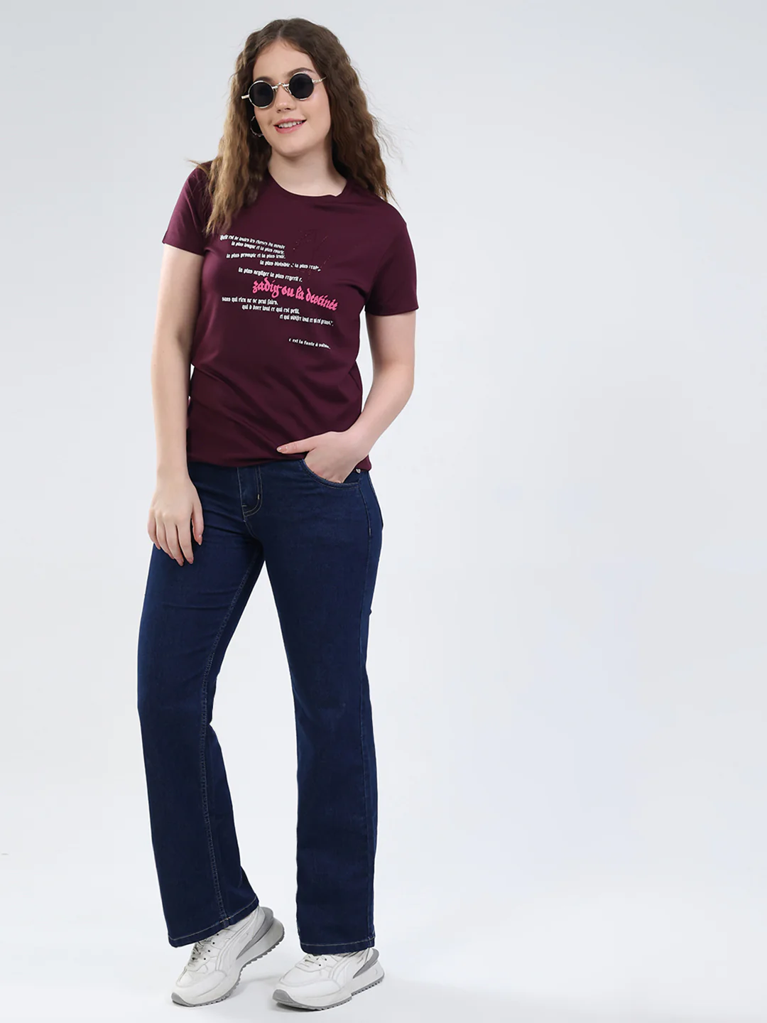 Women Burgundy Printed Round Neck Half Sleeve Top - Image 2