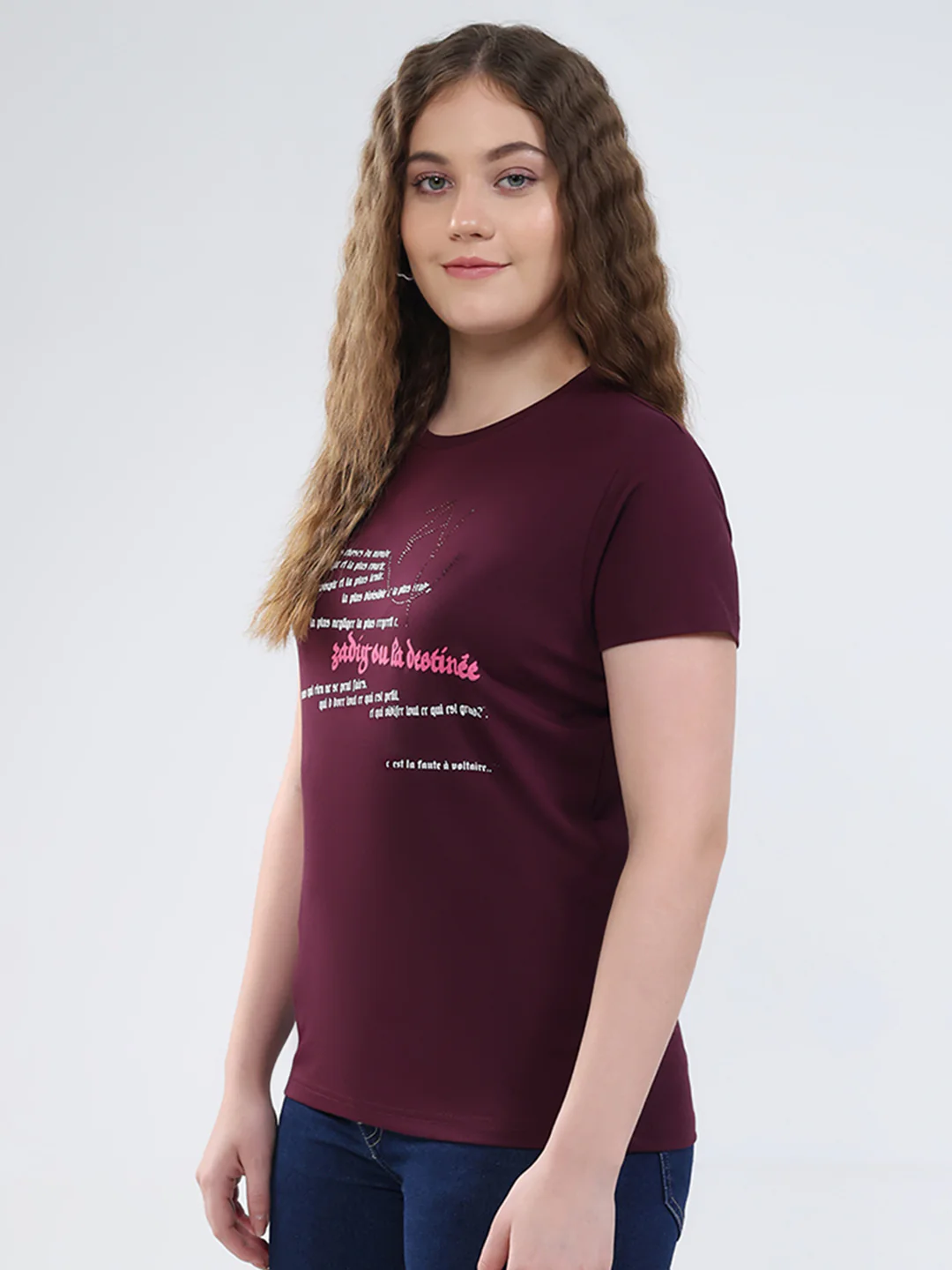 Women Burgundy Printed Round Neck Half Sleeve Top - Image 3
