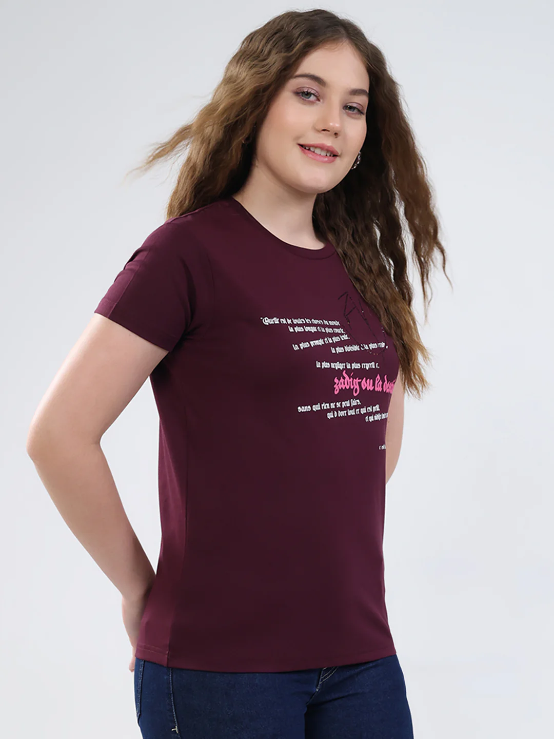 Women Burgundy Printed Round Neck Half Sleeve Top - Image 4