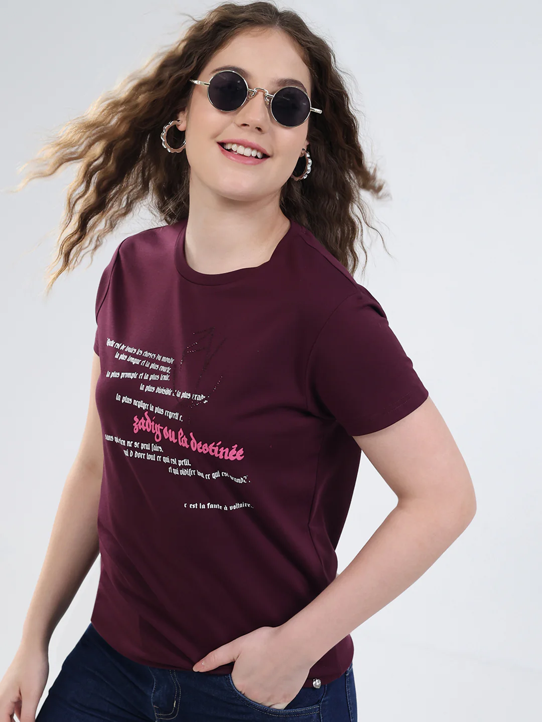 Women Burgundy Printed Round Neck Half Sleeve Top - Image 6