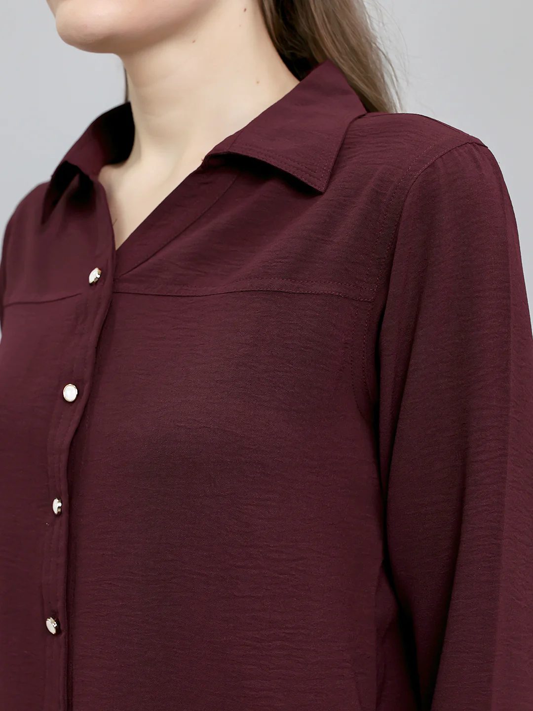 Women Burgundy Self Design Collar Full Sleeve Top - Image 5
