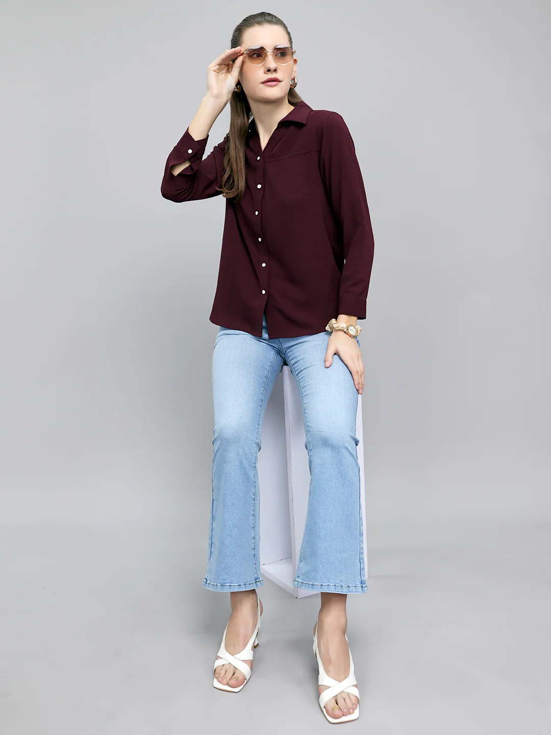 Women Burgundy Self Design Collar Full Sleeve Top - Image 6
